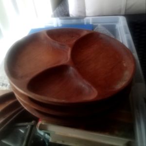 Antique real wood kitchen items,2 styles of plates,jar,bowls,and wicker basket